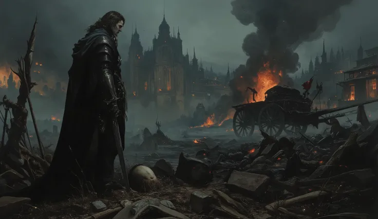 Dark and broody, a wounded knight stands off to the side of a battlefield, a severed head near him , holding a sword,  hair blowing in breeze, dead bodies scattered around, buildings on fire in the background, destroyed horse cart