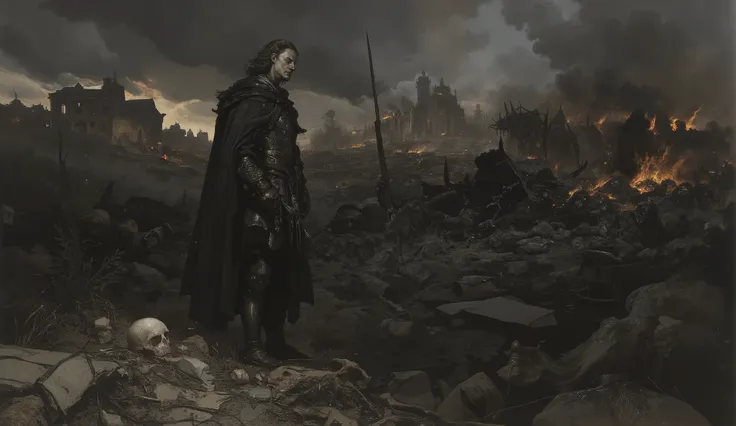Dark and broody, a wounded knight stands off to the side of a battlefield, a severed head near him , holding a sword,  hair blowing in breeze, dead bodies scattered around, buildings on fire in the background, destroyed horse cart