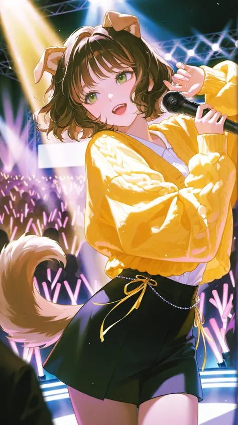 K-pop idol, concert stage, microphone, singing, dancing, stylish outfit, accessories, colorful spotlights, LED screens, crowd, glow sticks, 1 girl, ((face focusing)), cute, dog ears and tail, bangs, brown hair, short hair, wavy hair, green eyes,knit cardig...