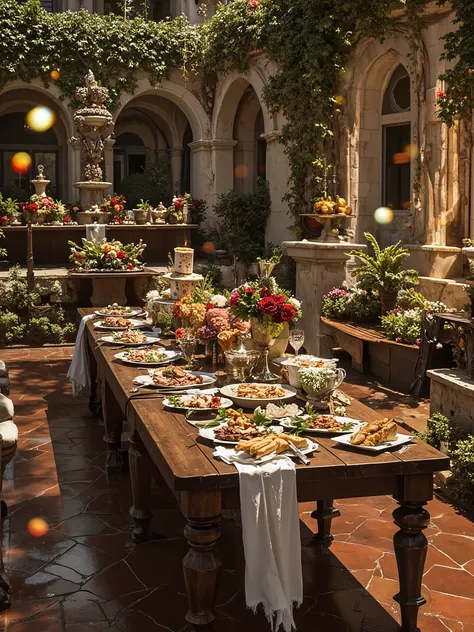 chic and magical wedding party hall with several luxurious tables and unlimited food on a large table, full of sweets, chicken, and next to a wine fountain illuminated by magical lights and with walls of dense white trees, beautiful nature design night ven...