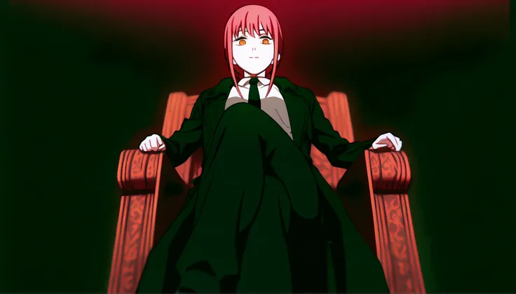 masterpiece,best quality,official art,extremely detailed CG unity 8k wallpaper，makima，wear the suit overcoat,wear the white shirt,面无表情，looking down from below，crossed legs from chair,make background like god