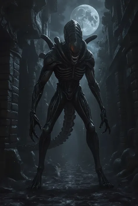 alien monster in a dark alley of the medieval city