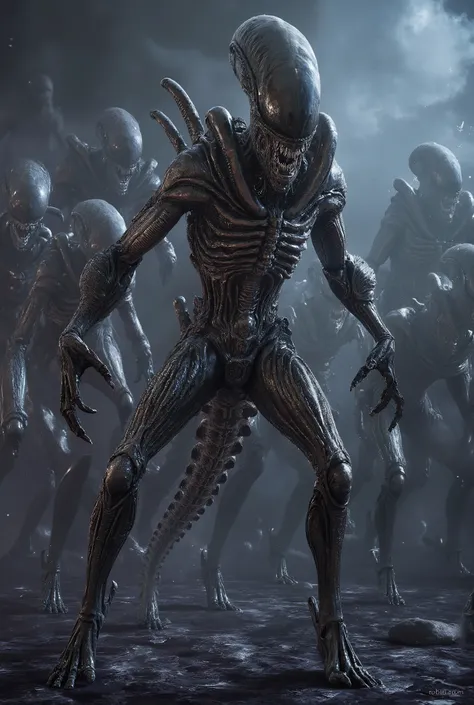 ((FULL BODY)), alien army, many aliens monsters in a invade and attacks the medieval city, RPG character, 4k, Unreal engine, intricate, highly detailed, beautiful lighting, advanced quality, 8k, trending artstation, professional, dramatic, illustration, hi...