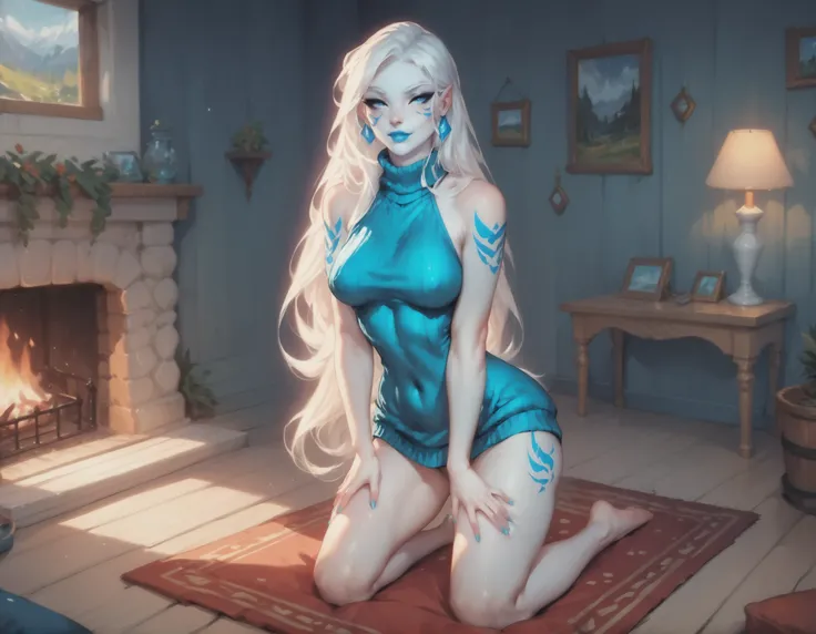 Jarael, alabaster white skin, blue tattoos, facial mark, blue lips, kneeling on a fur rug, in a cabin, fireplace, warm atmosphere, bedroom eyes, virgin destroyer sweater, hands on thighs, sexy