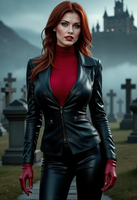 full body beautiful sensual sexy cool vampire woman with slightly open mouth huge vampire fangs muscular body red wavy long hair emerald green eyes, white skin, red lips, round face full red lips high arched eyebrows thin waist long shapely legs full breas...