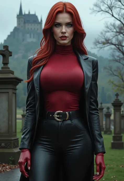 full body beautiful sensual sexy cool vampire woman with slightly open mouth huge vampire fangs muscular body red wavy long hair emerald green eyes, white skin, red lips, round face full red lips high arched eyebrows thin waist long shapely legs full breas...