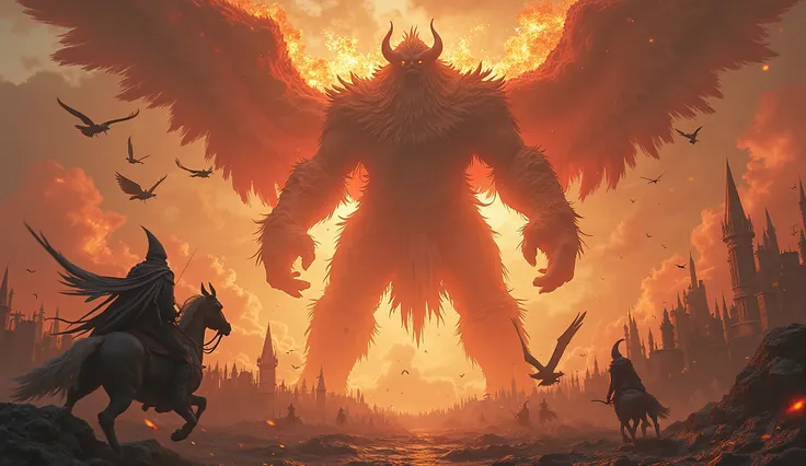 ((FULL BODY)), colossus of fire ravaging a city while wizards riding broomsticks and griffins attack the giant with magic, RPG character, 4k, Unreal engine, intricate, highly detailed, beautiful lighting, advanced quality, 8k, trending artstation, professi...