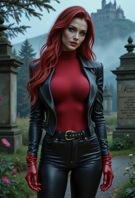 full body beautiful sensual sexy cool vampire woman with slightly open mouth huge vampire fangs muscular body red wavy long hair emerald green eyes, white skin, red lips, round face full red lips high arched eyebrows thin waist long shapely legs full breas...