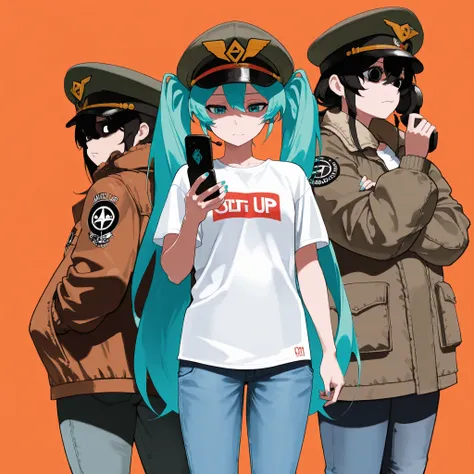 logo musical album by Hatsune Miku with white sports t-shirt, jeans anchos negro, with army cadet cap, aviator jacket , holding a cell phone, with a sad expression and dark circles, Different Perspective, posing in an exaggerated way, Orange background