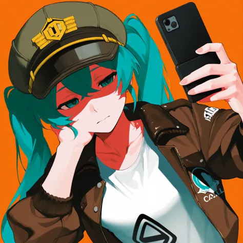 Hatsune Miku musical album logo with tight white t-shirt, Wide black jean, with cadet cap, aviator jacket , holding a cell phone, with a sad expression and dark circles, Different Perspective, posing in an exaggerated way, Orange background