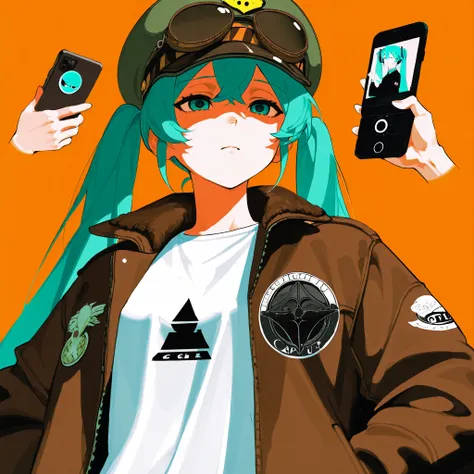 Hatsune Miku musical album logo with tight white t-shirt, Wide black jean, with cadet cap, aviator jacket , holding a cell phone, with a sad expression and dark circles, Different Perspective, posing in an exaggerated way, Orange background