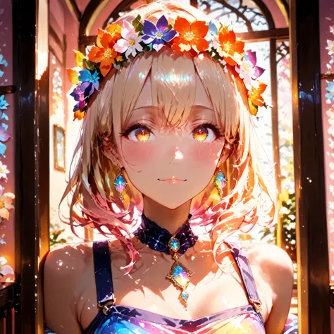A young, light-skinned anime girl, likely a ager, is the central figure.  She is positioned slightly off-center to the left side of the image. Her blonde hair is styled with gentle waves and adorned with a flower crown of various colors, including vibrant ...