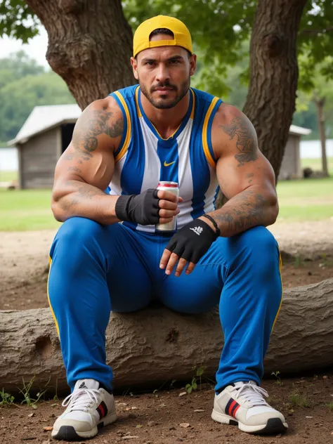 Muscular Latino man with muscular, veiny, tattooed arms. He wears blue and yellow Adidas long pants, somewhat dirty fabric. He wears a soccer jersey with vertical blue, white, and red stripes, he looks sweaty. He wears a yellow Nike cap and dirty white, re...