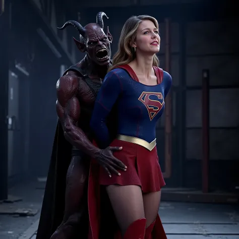 Melissa Benoist as Supergirl, (a very short skirt), both arms behind her back, wearing a Supergirl costume, blue shirt and red skirt, (upskirt0, red high boots, she is sexual assaulted from behind by a devil, embarrassment, ((painful face)), (Supergirl is ...