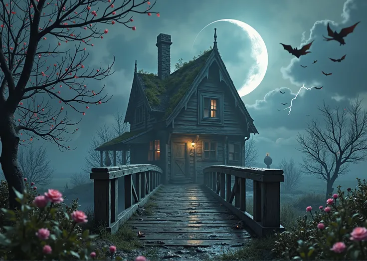 Fairyland 、I can see an old wooden bridge over the island、I can see a haunted house that almost collapsed、 there is thin moss growing on the roof、 can see the light from the window 、I can see an old wooden bridge over the island、Dead Trees and Flowers、...