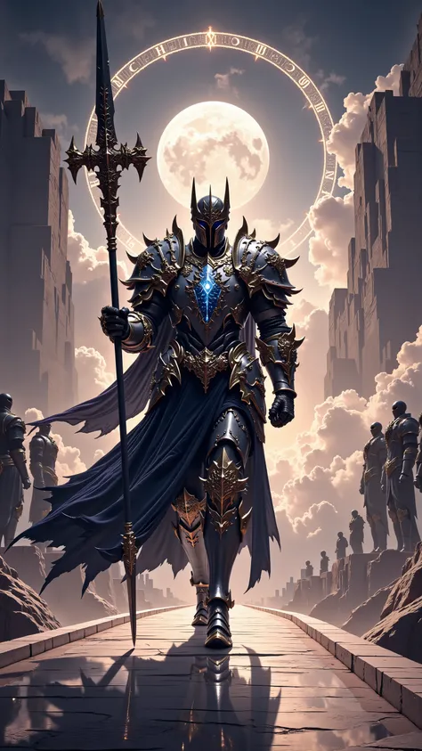Libra Knight walking across a grand marble bridge suspended over a twilight chasm, full body view, male warrior clad in sleek silver and deep blue armor with mirrored finishes and symmetrical engravings, balanced shoulder plates shaped like the scales of j...