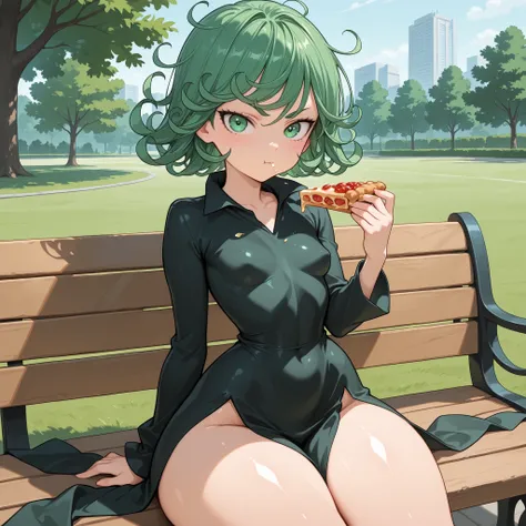1girl, solo, Tatsumaki, short green hair, green eyes, tiny breasts, narrow waist, wide hips, thick thighs, black dress, eating a pie, sitting on a bench, looking at viewer, park background, from the front view, shiny skin, high res