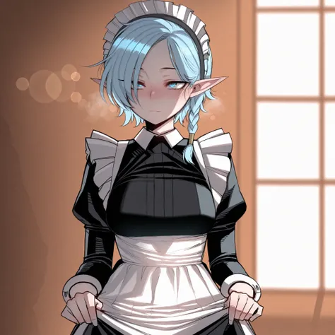 masterpiece, best quality, amazing quality, r4t4_illu, solo, breasts, 1girl, elf, pointy_ear, light_blue_hair, blue_hair, multicolored_hair, twins_braid, short_hair, blue_eyes, perfect_eyes, maid, maid_headdress, frills, maid_apron, closed_mouth, standing,...
