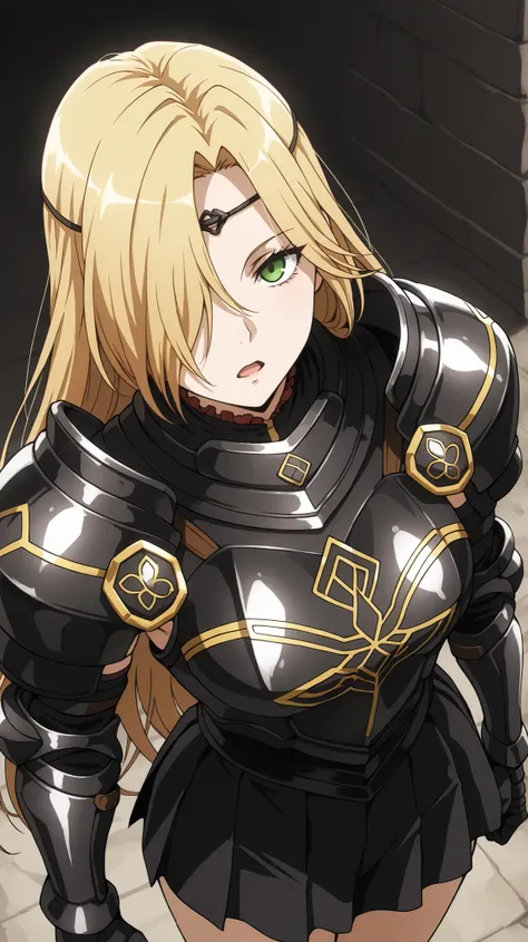 leinas rockbruise, Overlord
High quality ,  best quality , masterpiece,  High Resolution , anatomically correct, anime coloring,
solo, 1 girl, adult, cool woman​,
green eyes,blonde hair,long hair,hair over one eye,,,breasts,
, circlet, shoulder_armor, blac...