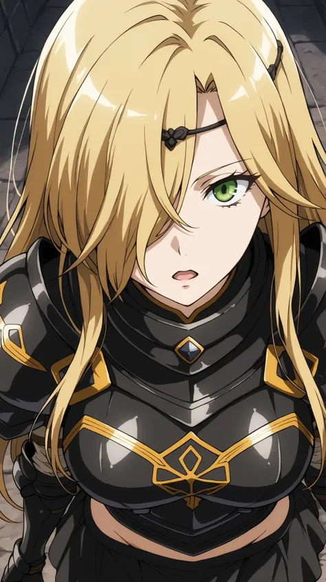 leinas rockbruise, Overlord
High quality ,  best quality , masterpiece,  High Resolution , anatomically correct, anime coloring,
solo, 1 girl, adult, cool woman​,
green eyes,blonde hair,long hair,hair over one eye,,,breasts,
, circlet, shoulder_armor, blac...
