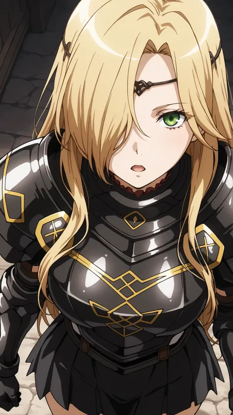 leinas rockbruise, Overlord
High quality ,  best quality , masterpiece,  High Resolution , anatomically correct, anime coloring,
solo, 1 girl, adult, cool woman​,
green eyes,blonde hair,long hair,hair over one eye,,,breasts,
, circlet, shoulder_armor, blac...