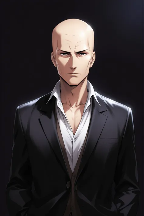 cool gentleman, no glasses, no hair, looking at viewer, dark background