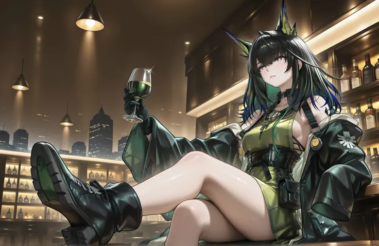 female,(((Alone))),mon3tr \(personification\) \(arknights\) , 1girl , solo , mon3tr \(personification\) \(arknights\) , black coat , open coat , green dress , ankle boots , (dynamic pose:1 . 2)。( beautiful eyes:1.5), 上からのangle。 ,,Photorealistic Background,...
