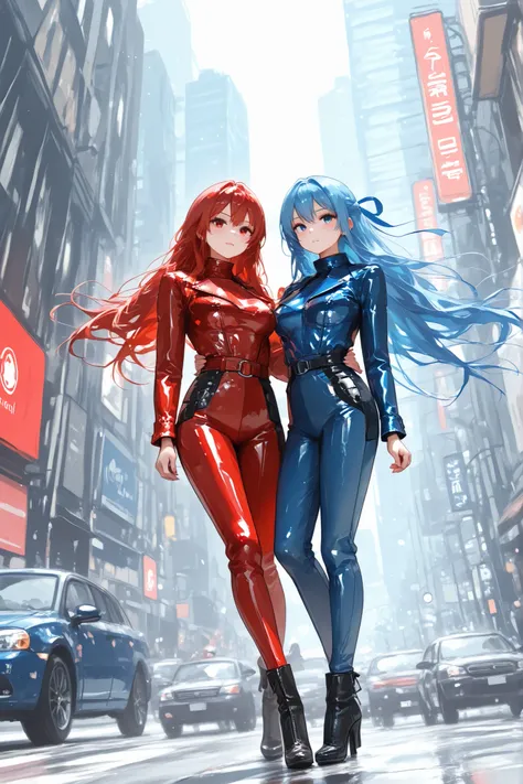 2girls, micro world, leather clothes, blue long hair, red long hair