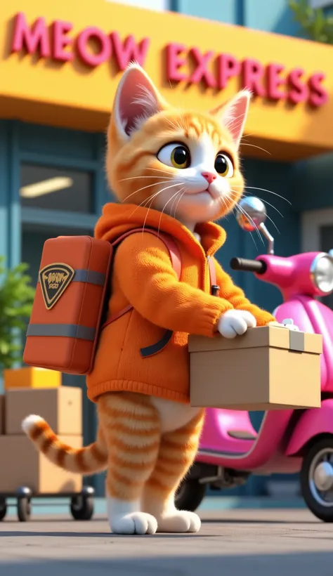 Surrealism, Pixar, 3D Rendering, Japanese Illustration Style, 3d digital art style, vibrant colors, majestic orange kitten in an orange courier jacket standing beside a pink motorcycle, holding a cardboard box. Background: "MEOW EXPRESS" office with bold s...