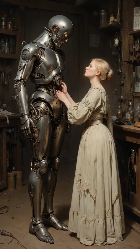 19th century,
Robot and Dr. Young girl,
She is touching the robot's erect penis,