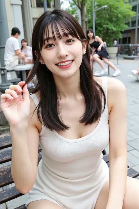 A high resolution photograph of a 30 years old Japanese woman viewed from the front. straight long glossy black hair with blunt bangs, flawless porcelain-white skin, shiny skin, detailed beautiful skin, beautiful face, perfect face, detailed face, delicate...