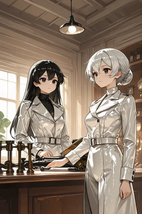 2girls, backdround microscope world, black and white leather clothes