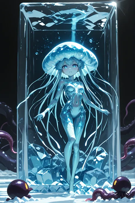 A nightmarish alien jellyfish with tentacles ((transparent and glowing )) frozen mid-struggle in frozen ice cube. Its transparent glowing skin . The creature's skeletal body is twisted violently, with ethereal tendrils pushing against the ice prison. Trans...