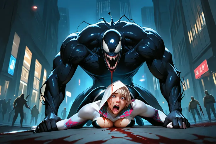 Sadistic, A giant venom slits a woman's throat, neck severed, head and body split open with blood, murdered, butchered, mutilated, venom holding blade, wounding woman, Crawling, Falling down, giant venom slits a woman's throat with a knife, blood, bleeding...
