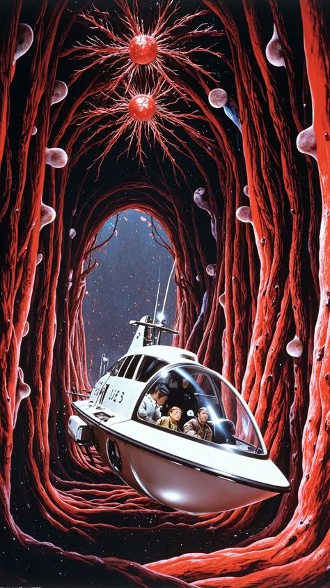 Alien_botanical, 1970s science fiction films、Impressive sci-fi movies、A submarine that travels through the thick blood vessels of the human body、The submarine has a white boat-shaped hull and a large glass dome、Lights from a submersible、The inside of the b...