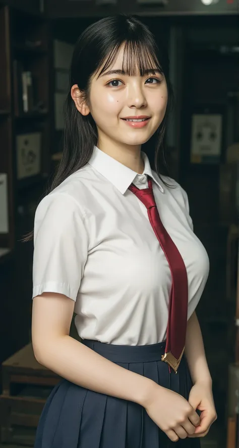 " Very beautiful adult woman,smiling, Extremely large breasts, school uniform, white shirt, bursting clothes, necktie