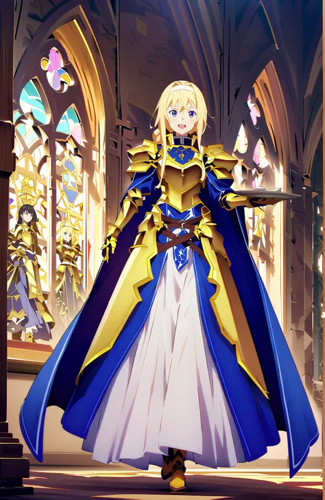 score_9, score_8_up, score_7_up, sauce_anime,
Alicesburg, Alice Zuburg, bungs,  Gold, hair between eyes, Very braided, headband, white headband,close your eyes,smile,blush,open your mouth,
dress, cape, armor, blue dress, shoulder armor, gauntlet, shoulder ...