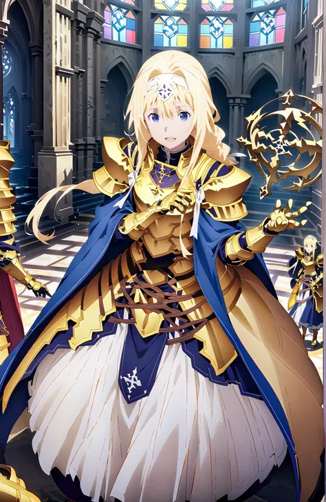 score_9, score_8_up, score_7_up, sauce_anime,
Alicesburg, Alice Zuburg, bungs,  Gold, hair between eyes, Very braided, headband, white headband,close your eyes,smile,blush,open your mouth,
dress, cape, armor, blue dress, shoulder armor, gauntlet, shoulder ...