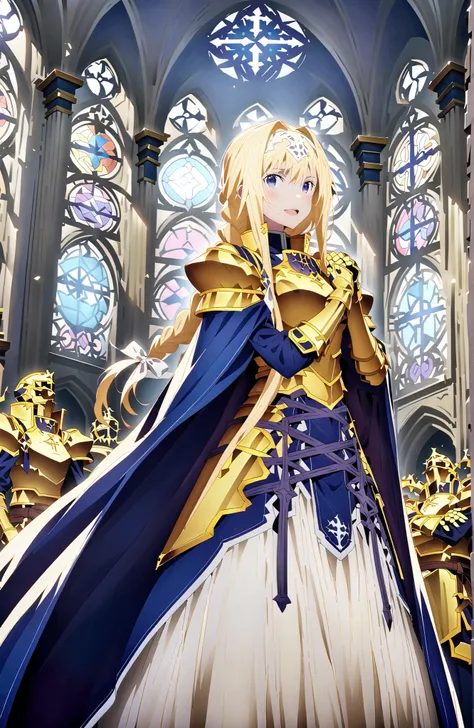 score_9, score_8_up, score_7_up, sauce_anime,
Alicesburg, Alice Zuburg, bungs,  Gold, hair between eyes, Very braided, headband, white headband,close your eyes,smile,blush,open your mouth,
dress, cape, armor, blue dress, shoulder armor, gauntlet, shoulder ...