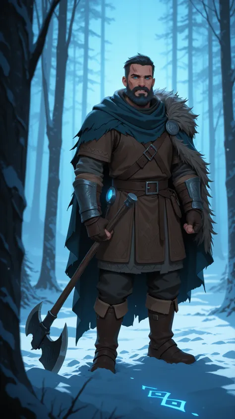 A Nordic warrior in his late 30s stands alone in a mist-covered forest during twilight. He has a rugged face with battle scars, a thick beard, and icy blue eyes filled with purpose. He wears a dark leather tunic reinforced with metal rivets, a fur-lined cl...