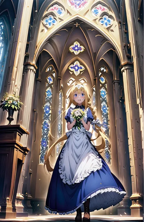 Alicesburg, Alice Zuburg, bungs,  Gold, hair between eyes, Very braided, headband, white headband,close your eyes,smile,blush,open your mouth,
break dress, bow, ribbon, Short sleeve, frills, apron, puffy Short sleeve, Blue clothes, brown footwear,  knee bo...
