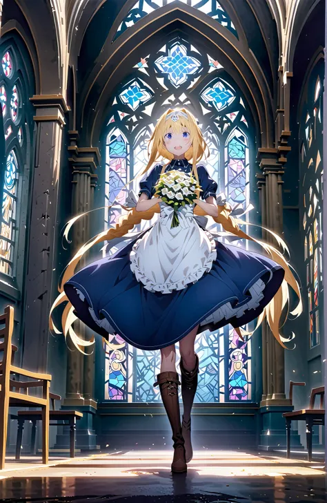 Alicesburg, Alice Zuburg, bungs,  Gold, hair between eyes, Very braided, headband, white headband,close your eyes,smile,blush,open your mouth,
break dress, bow, ribbon, Short sleeve, frills, apron, puffy Short sleeve, Blue clothes, brown footwear,  knee bo...
