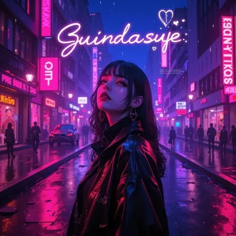 A moody, cinematic album cover for a Spanish pop song. The image should feature a young woman standing alone in a neon-lit city street at night, with soft rain falling. She wears a stylish jacket, looking reflective but strong, as if she has moved on from ...