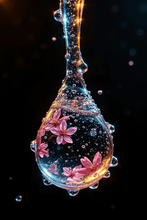 A macro art of microscopic image of a droplet of water. Simple black background. Blooming Sakura flowers reflection on the droplets of water