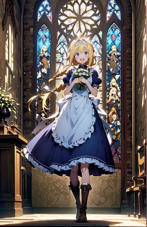 Alicesburg, Alice Zuburg, bungs,  Gold, hair between eyes, Very braided, headband, white headband,close your eyes,smile,blush,open your mouth,
break dress, bow, ribbon, Short sleeve, frills, apron, puffy Short sleeve, Blue clothes, brown footwear,  knee bo...