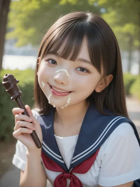 Licking a chocolate stick, nsfw, petites, loli, seductive smile, japanese, Outdoors, school uniform, (cream on face:1.3),