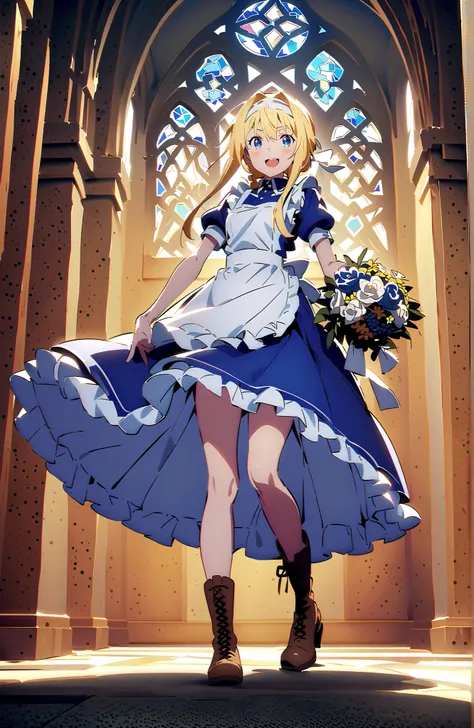 Alicesburg, Alice Zuburg, bungs,  Gold, hair between eyes, Very braided, headband, white headband,close your eyes,smile,blush,open your mouth,
break dress, bow, ribbon, Short sleeve, frills, apron, puffy Short sleeve, Blue clothes, brown footwear,  knee bo...