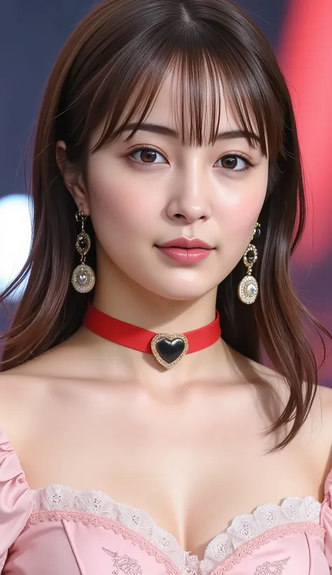 very well detailed, an ultra-realistic digital illustration of a beautiful young Asian female idol performing on a spectacular stage, A live concert lit up Stage. 彼女teeth腰から上を描かれている, pink blush on the cheeks . Her long, brown hair is soft, bouncy curls,...