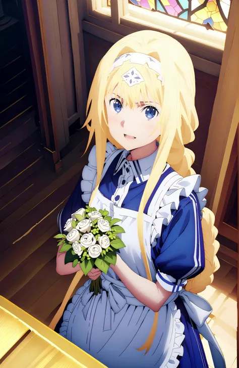 Alicesburg, Alice Zuburg, bungs,  Gold, hair between eyes, Very braided, headband, white headband,smile,blush,open your mouth,
break dress, bow, ribbon, Short sleeve, frills, apron, puffy Short sleeve, Blue clothes, white bow, white apron, frilled apron,Ho...