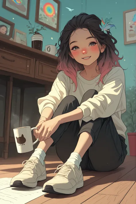 Top Quality,((masterpiece)),illustrations,1 girl[| Rainbow Head],HIGH QUALITY,Full of details,Realistic Textures,4K Ultra Details,Amazing Subtlety,professional holding an apple and smiling,vibrant colors,portrait,digital art,natural light,Clear Spaces,phot...